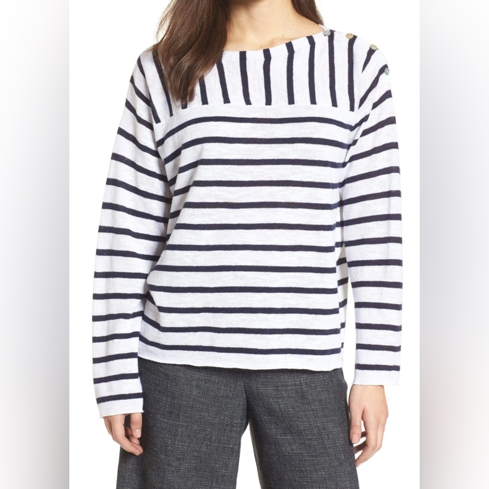 Eileen Fisher Striped Boat Neck Shirt Sz xs